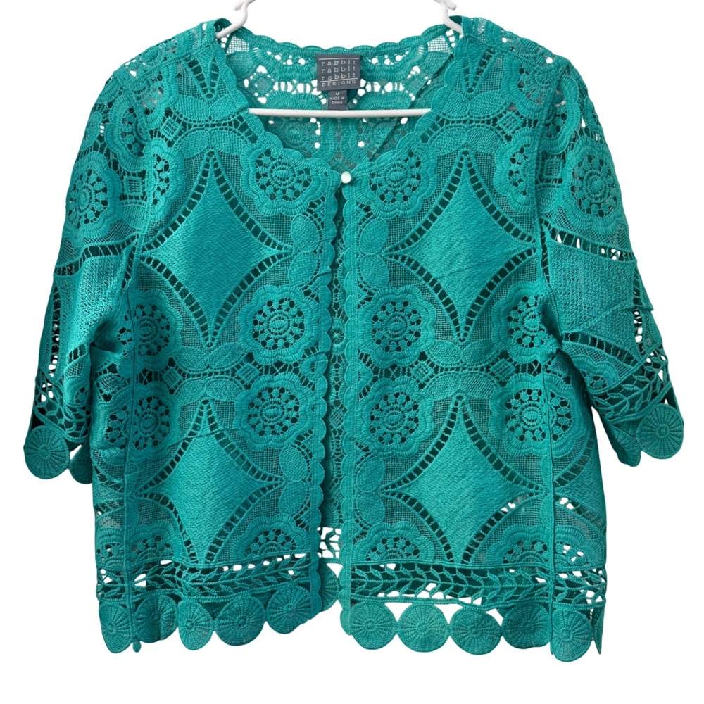 Rabbit Rabbit Rabbit Designs Teal Green Floral Lace Short Sleeve Cardigan Med